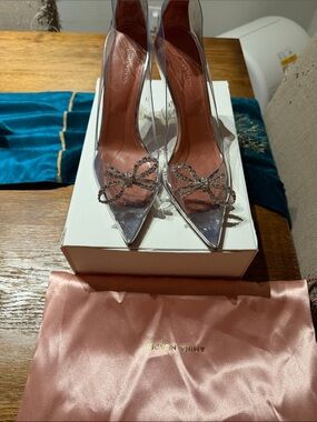 Amina Muaddi Clear PVC Pumps with Silver Crystal Bow